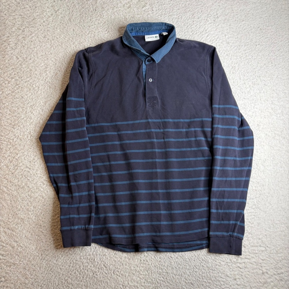 Lacoste Mens XXL Long Sleeve Striped Rugby Shirt Navy Blue Chambray Collar XXL